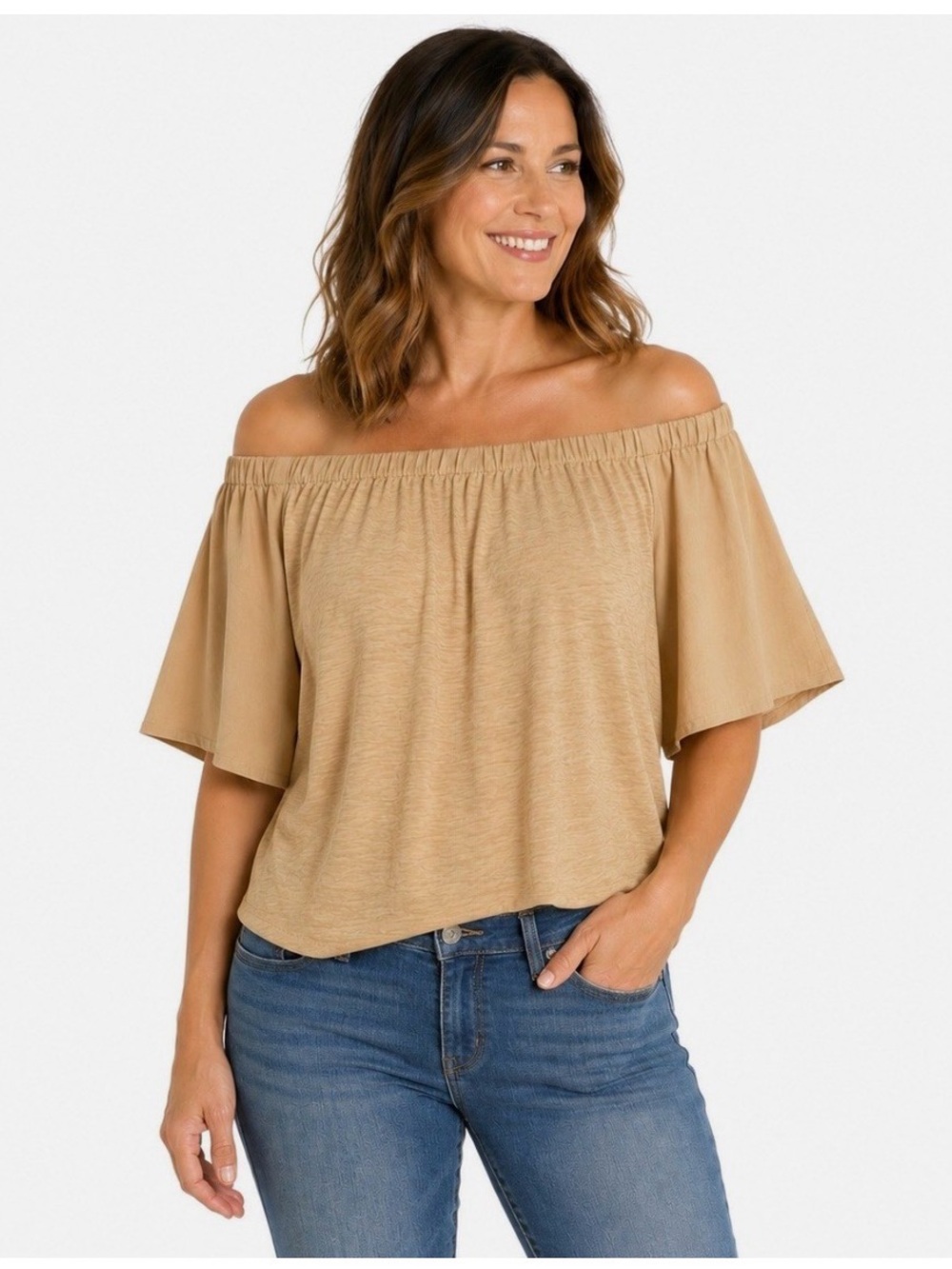 Chico's Linen Blend Off Shoulder Top Beige Tan Flutter Sleeve Women 2 Large